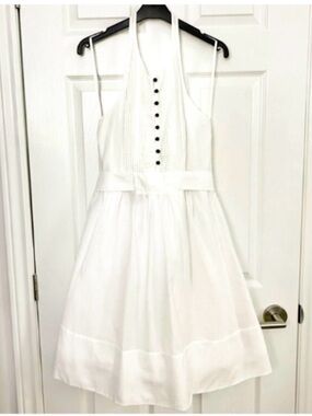 Vintage Club Monaco White Halter Dress with Pleats & Button Accents N Waist Tie